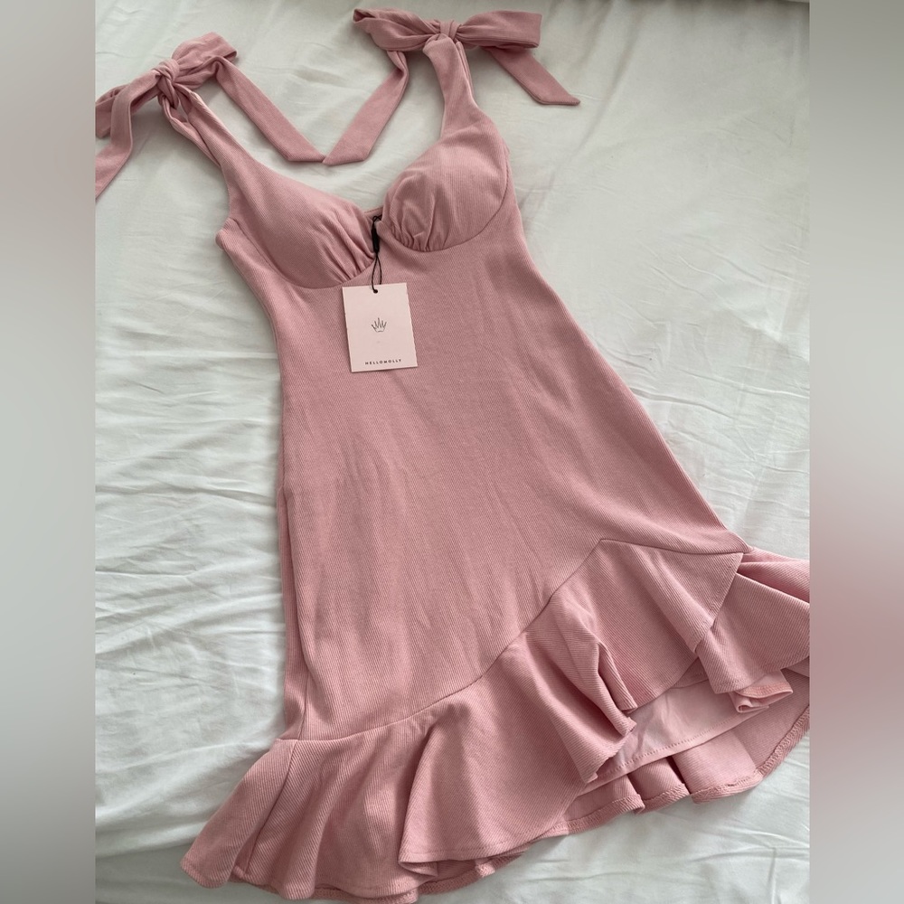 New** Hello Molly Pink Sweetheart Bow Tie Strap Mini Dress